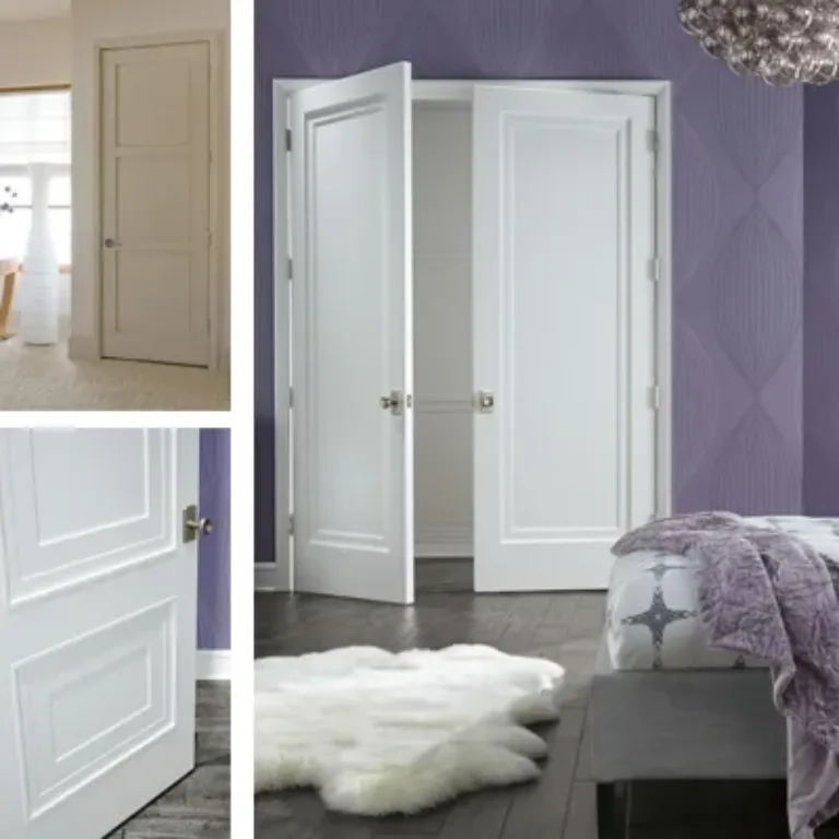 Collage showing a modern bedroom with gray bed and purple wall featuring double white doors partially open, a small office area with a wooden desk and a chair near window, and close-up views of white paneled doors with silver handles on dark hardwood floors.