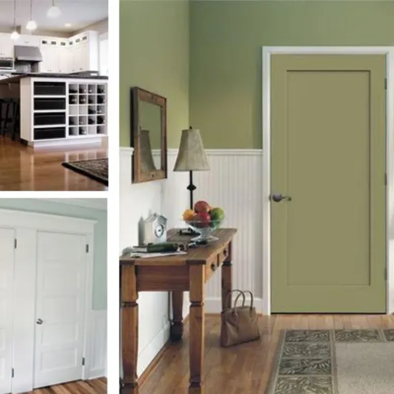 Three views of a house interior showing white six-panel doors; one image shows a kitchen with a large island and white cabinets, another shows double closet doors, and the third shows a hallway with a green wall, a closed door, a wooden table with a lamp and decor, and a coat rack with hanging clothes.