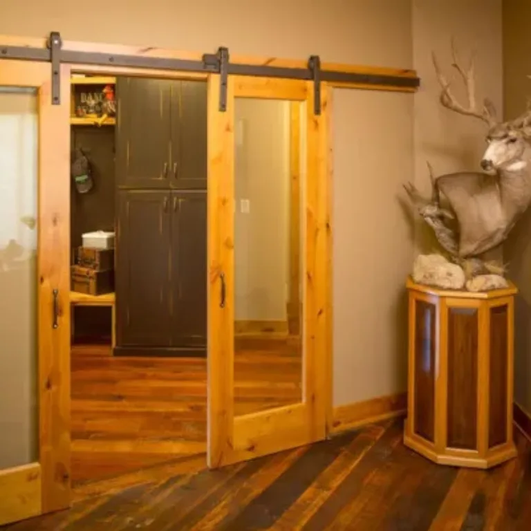 Interior view of a room featuring wooden sliding doors with frosted glass panels on a metal track, wooden flooring, tan walls, and a mounted deer head with large antlers displayed on a wooden pedestal in the corner.