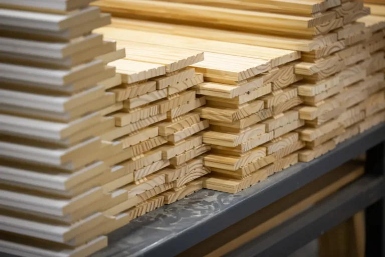 Stacks of neatly arranged wooden planks with interlocking edges on a metal shelf, showcasing the grain and texture of the wood.