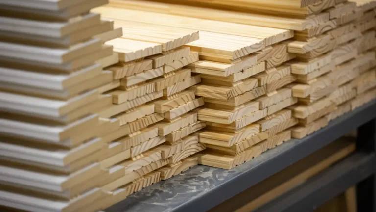 Stacks of neatly arranged wooden planks with interlocking edges on a metal shelf, showcasing the grain and texture of the wood.