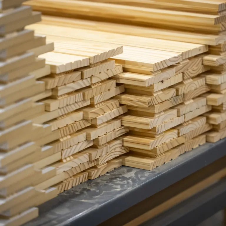 Stacks of neatly arranged wooden planks with interlocking edges on a metal shelf, showcasing the grain and texture of the wood.