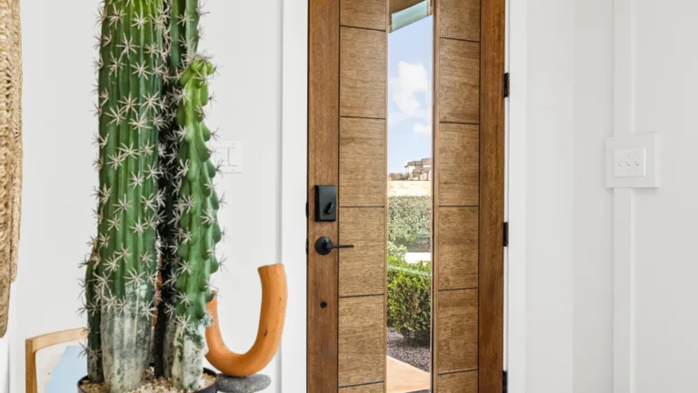 Modern wooden front door with a vertical glass panel, showing a view of an outdoor pathway, green bushes, and partly cloudy sky, with a large potted cactus and decorative object in the foreground.