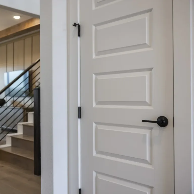 White paneled door with black handle in a modern living room featuring wooden floors, wood ceiling beams, a staircase with black railing, and a seating area with large windows in the background.