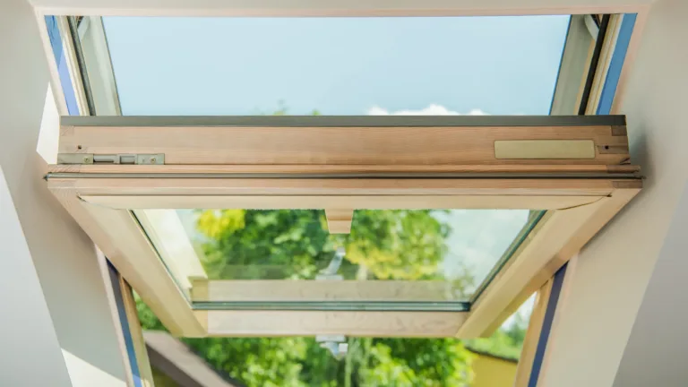Open skylight window with wooden frame showing clear blue sky and green trees outside, viewed from inside a building.