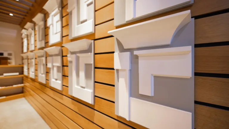 Display of various white architectural molding corner samples mounted on a wooden slat wall in a showroom or store interior.