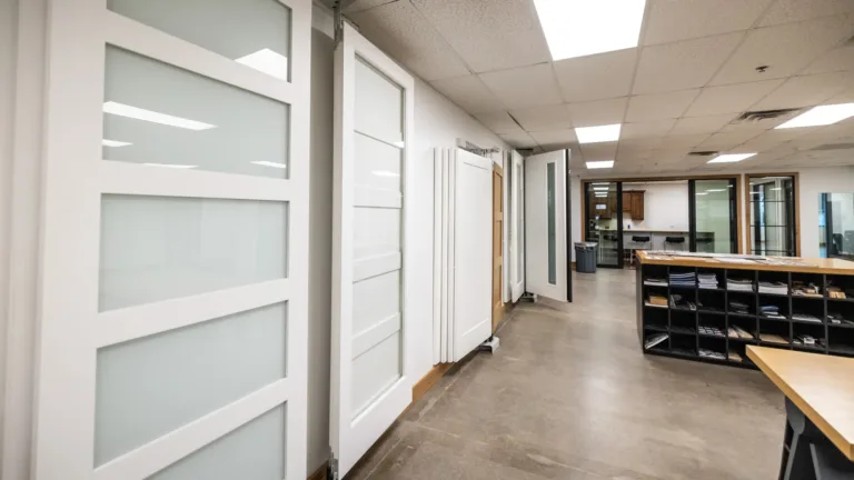Interior showroom displaying multiple modern sliding glass doors with white frames on the left, an open office space with concrete floor, fluorescent ceiling lights, and cubby shelves filled with papers and materials on the right.