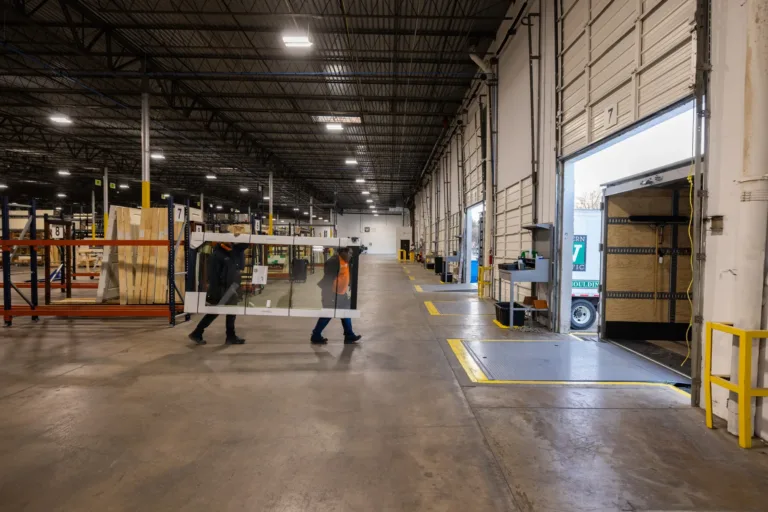 Two warehouse workers carrying a large glass panel inside a spacious, well-lit industrial warehouse with high ceilings and multiple loading docks on the right side.