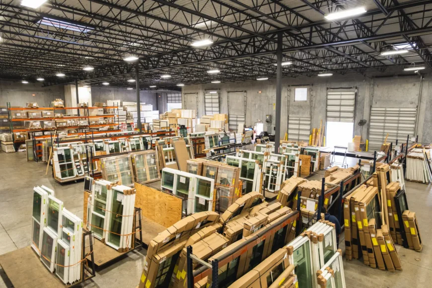 Spacious warehouse interior filled with numerous stacked and packaged window frames organized in rows on the concrete floor under high ceilings with exposed metal beams and bright lighting.