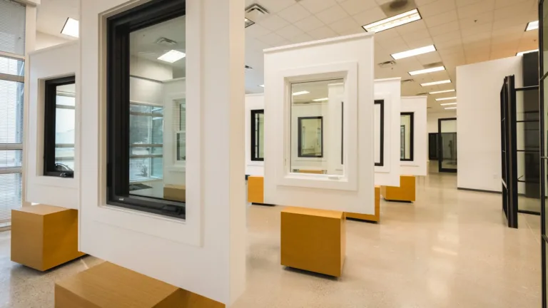 Modern showroom displaying various window models mounted on white panels with wooden bases inside a bright room with tiled ceiling and polished concrete floor.