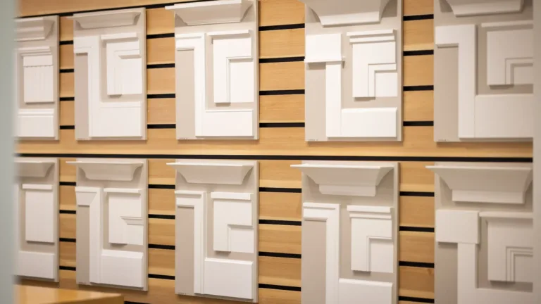 Wall display of white decorative molding corner samples mounted on wooden slats, arranged in two rows with different styles and shapes for interior design.