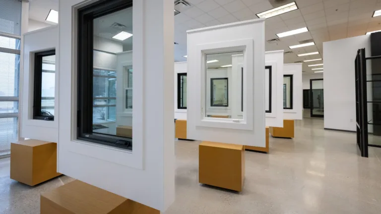 Showroom with multiple window frame displays mounted on white panels supported by wooden blocks, arranged in a spacious, well-lit room with a polished concrete floor and ceiling lights.