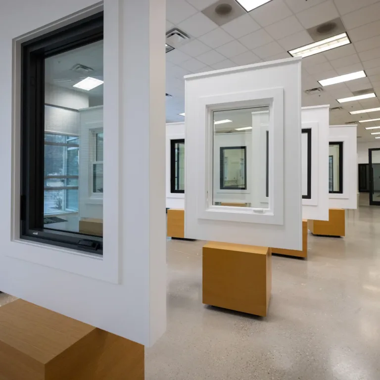 Showroom with multiple window frame displays mounted on white panels supported by wooden blocks, arranged in a spacious, well-lit room with a polished concrete floor and ceiling lights.