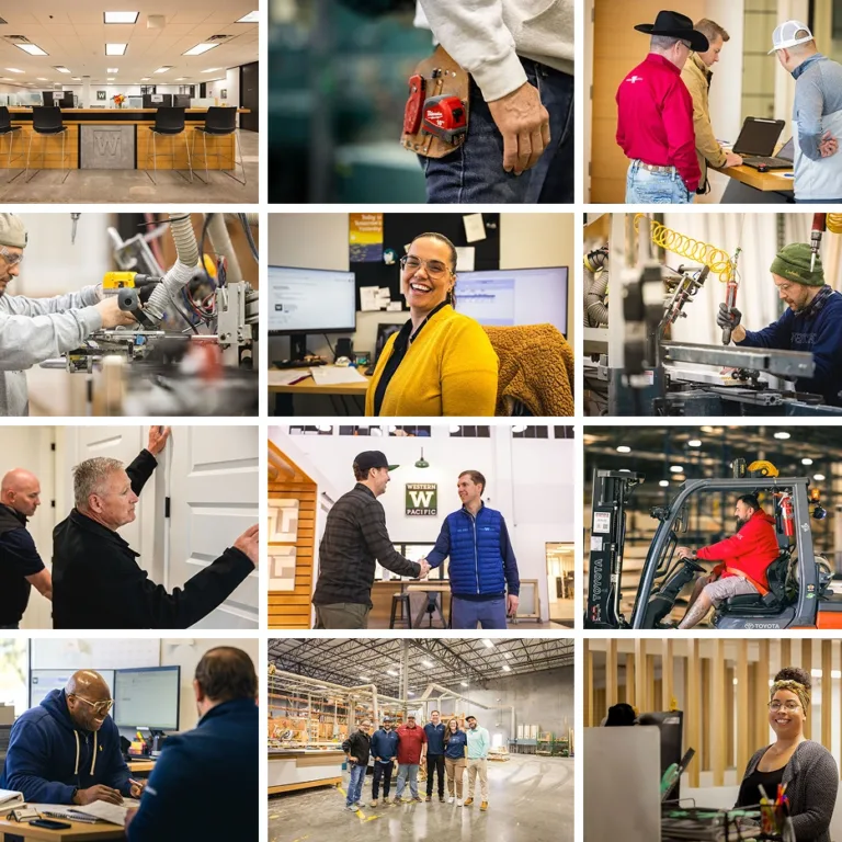 Collage of twelve images showing various workplace scenes including a reception desk, a close-up of a hand with a tool belt, three men discussing over a laptop, a man operating machinery, a woman smiling at a computer, a man working with a drill press, two men installing a door, two men shaking hands, a man driving a forklift, two men discussing at a desk, a group of six workers standing in a warehouse, and a woman smiling at her workspace.